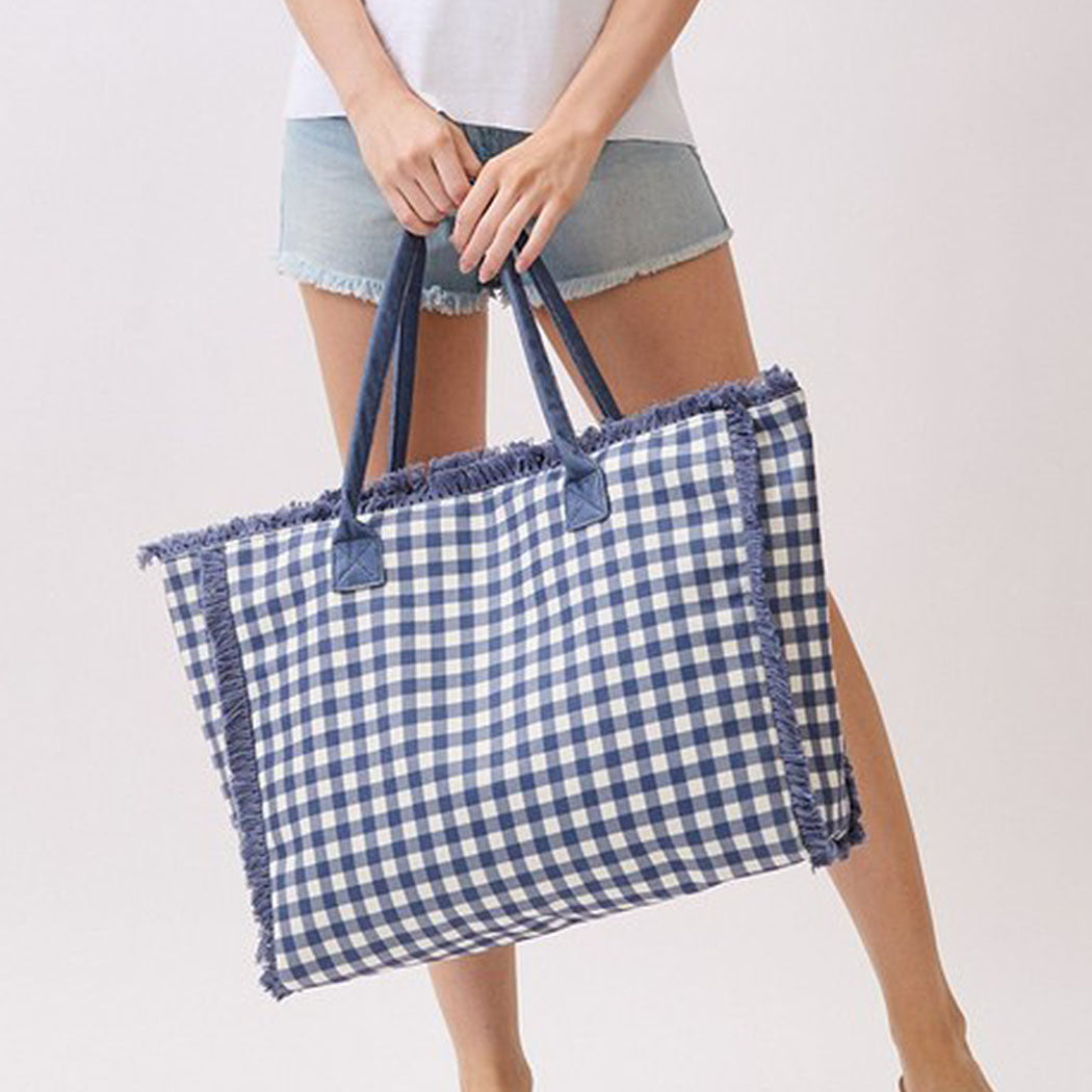 Gingham Check Terry Cloth Frayed Tote Bag