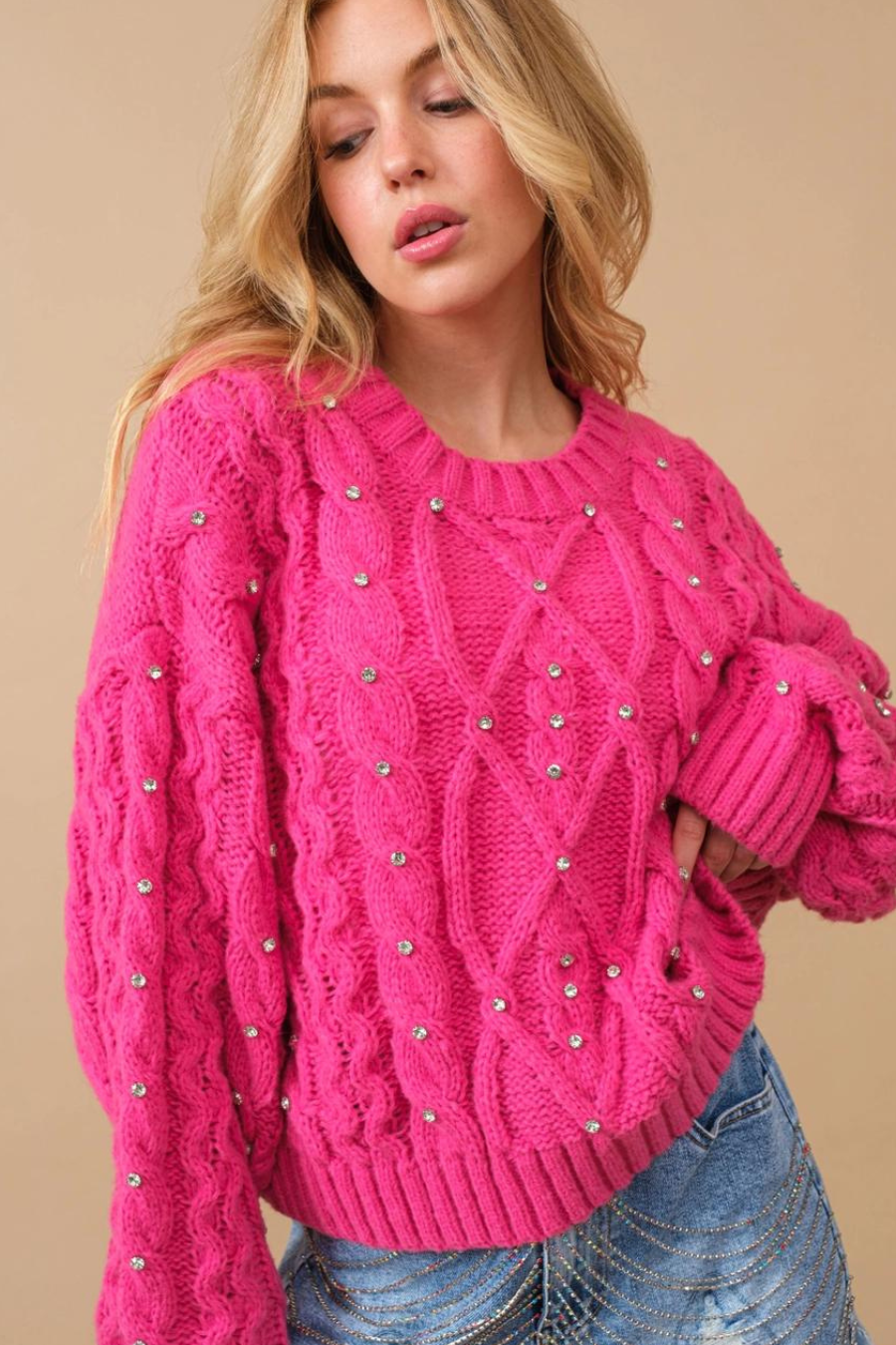 Cable Knit Rhinestone Studded Sweater