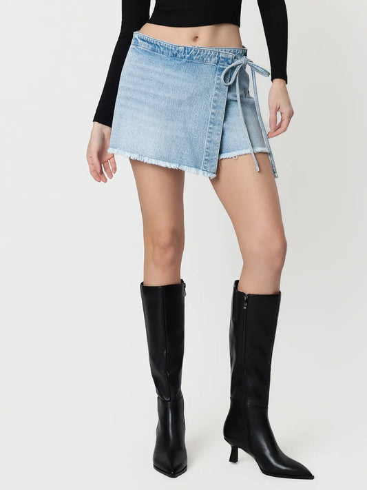 High Rise Frayed Hem Wrap with Tie Skort