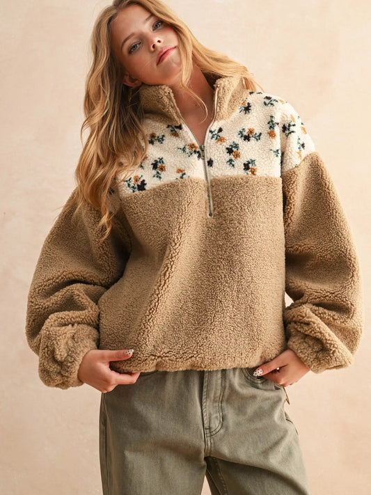 Half Zip Floral Print Contrast Sherpa Pullover