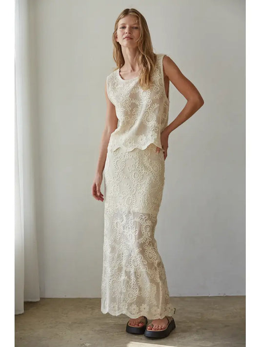 Woven Cotton Floral Lace Work Midi Skirt