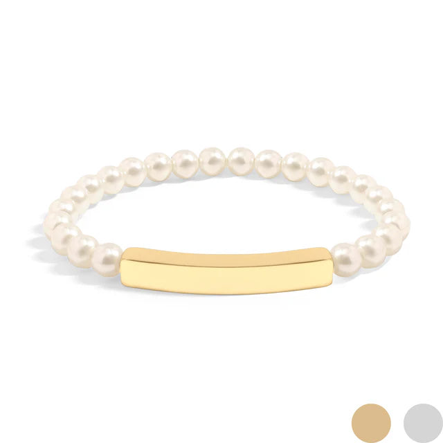 18K Gold Stainless Steel Pearl Engravable Stretch Curved Bar Bracelet
