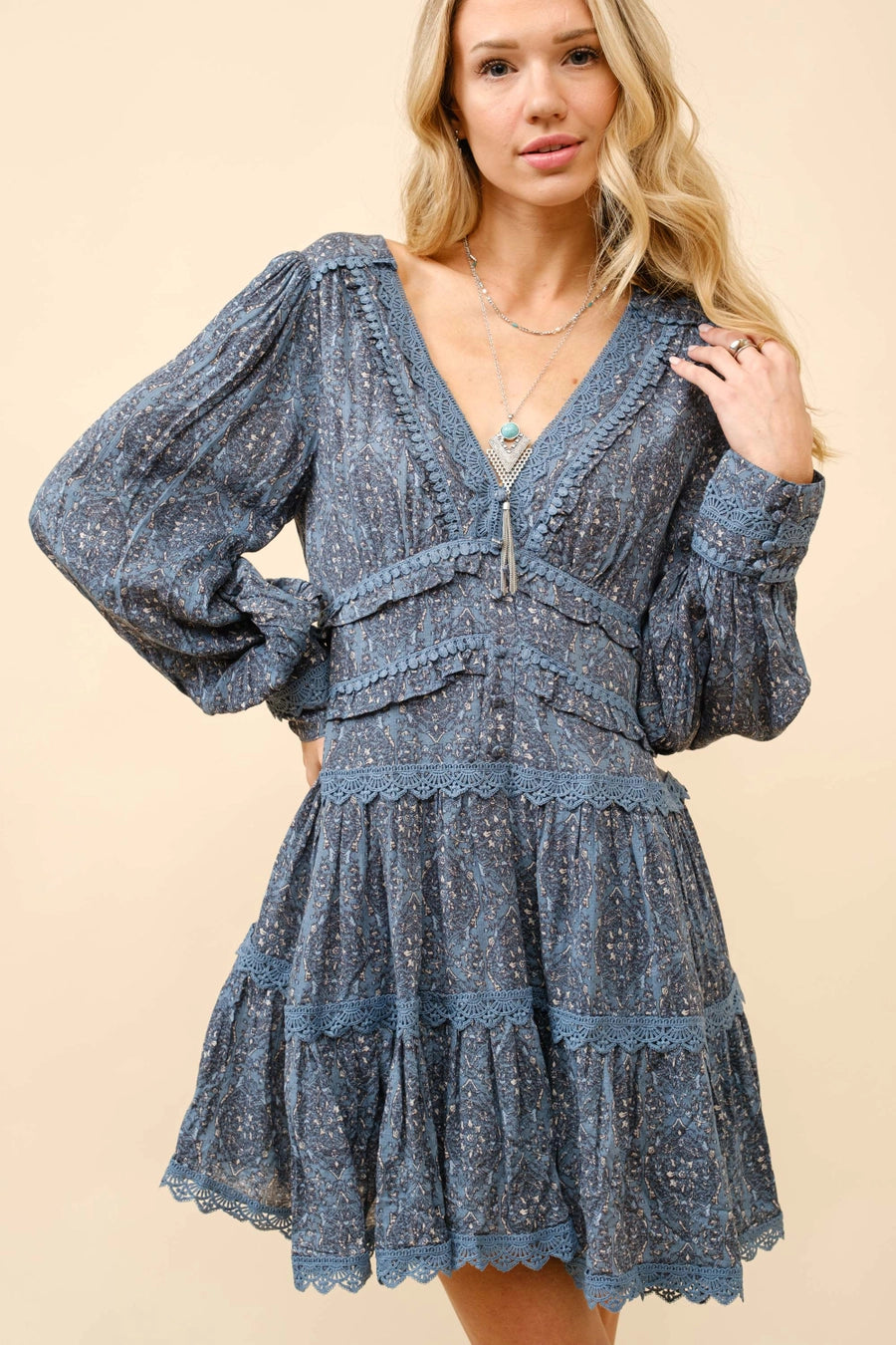 Rayon Jacquard Lace Tiered Mini Dress  ZIENA