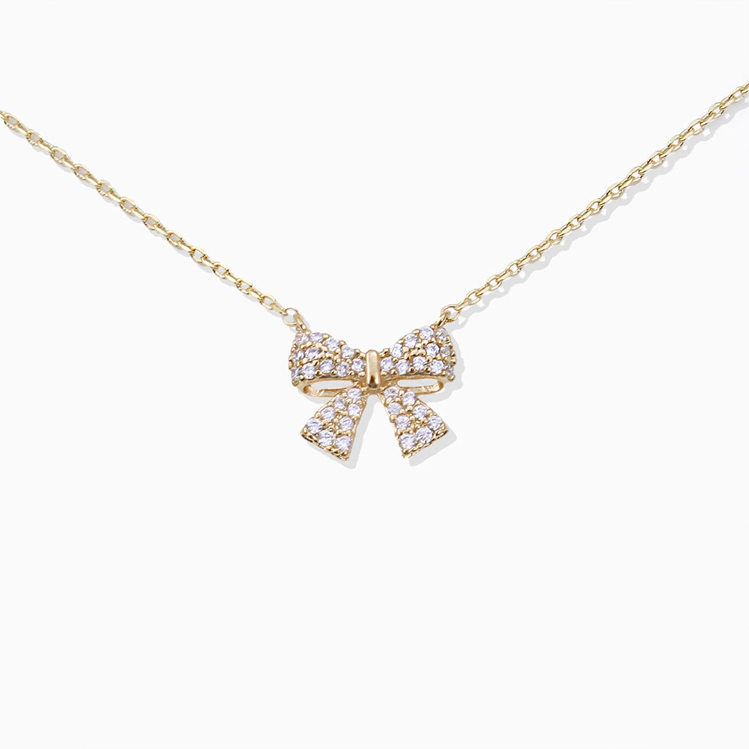 Gold Dipped Ribbon Bow Pave Cz Necklaces