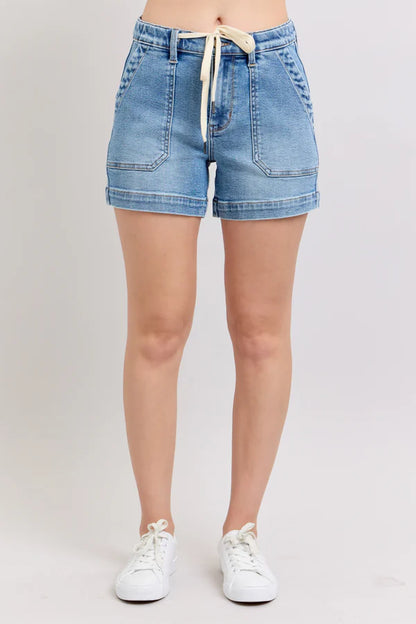 High Waist Vintage Wash Jogger Denim Tie Shorts