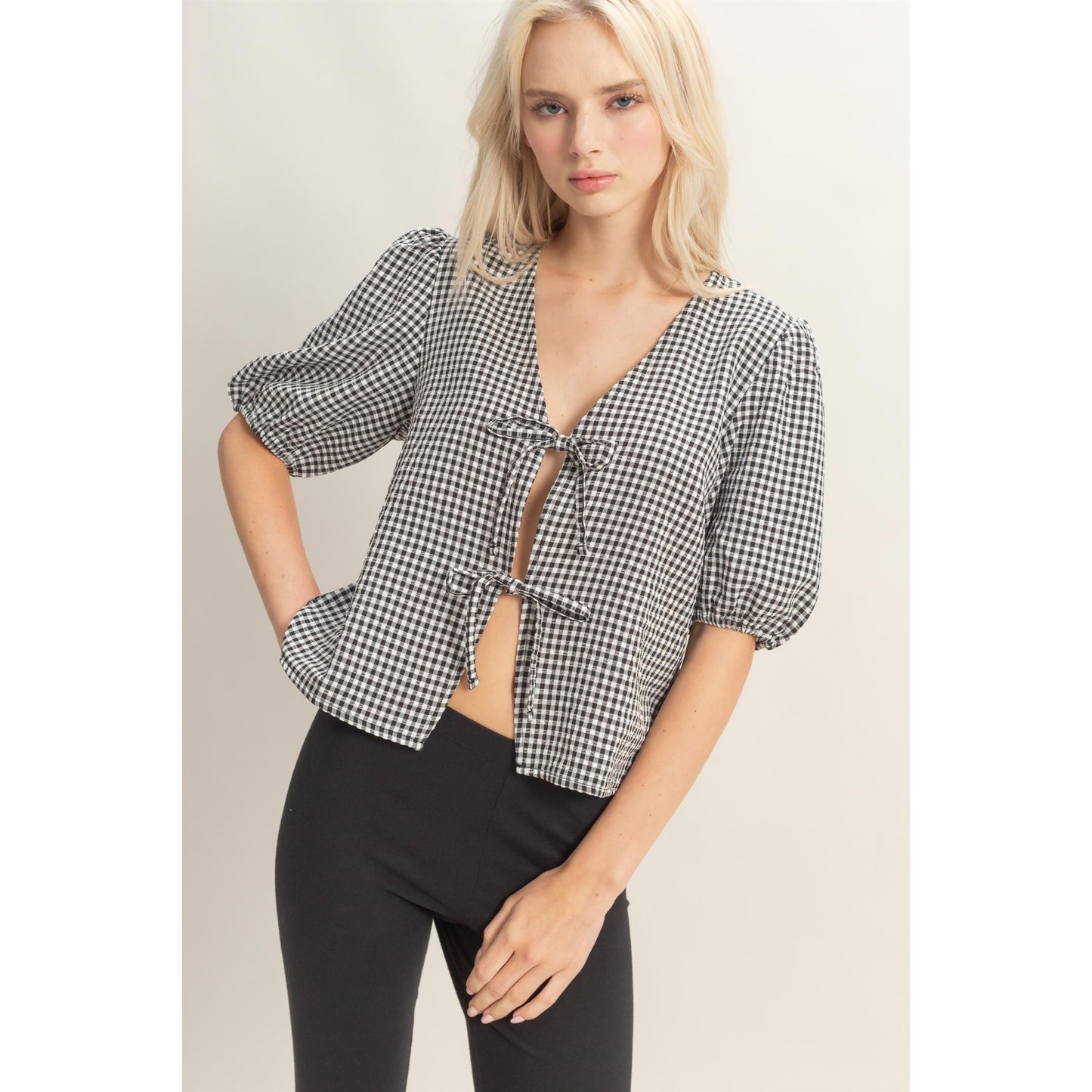 Gingham Bow Tie Puff Sleeve Blouse