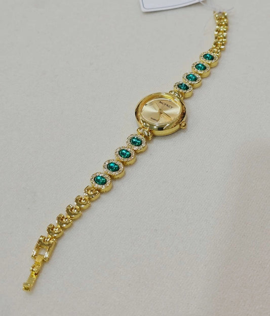 Gold Bracelet Watch with Green Crystals