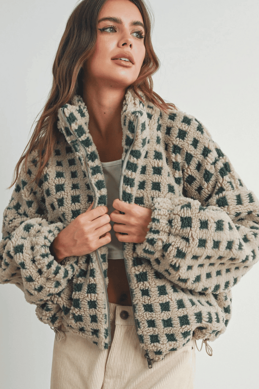 Fuzzy Checkered Sherpa Jacket