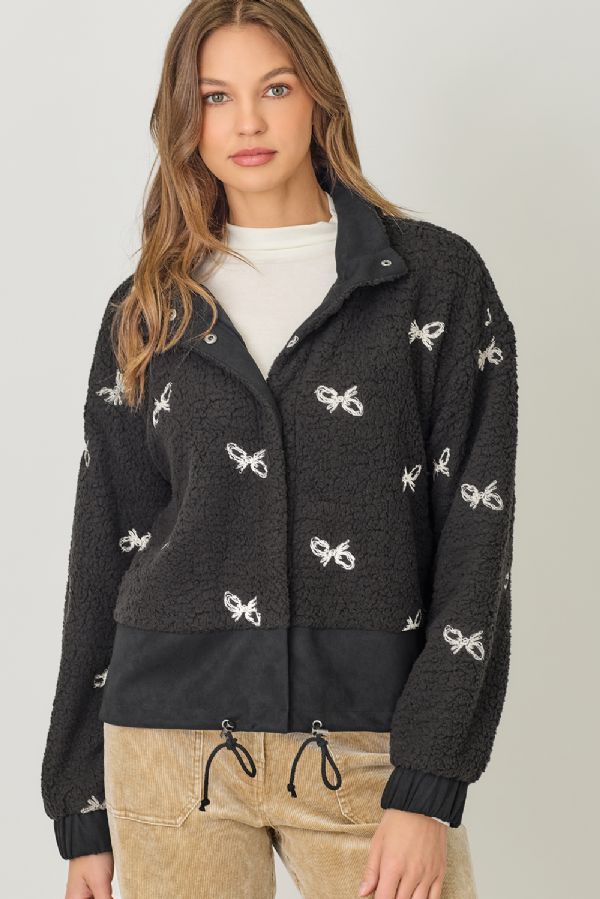 Bow Embroidery Sherpa Jacket