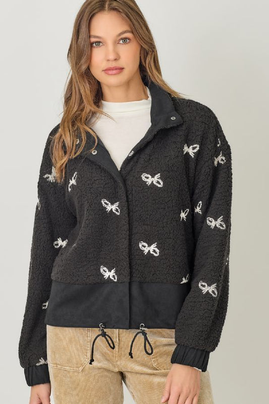 Bow Embroidery Sherpa Jacket