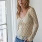 Knit Nylon Spandex Floral Lace V-Neck Long Sleeve
