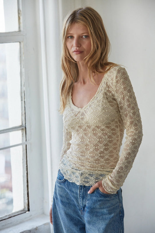 Knit Nylon Spandex Floral Lace V-Neck Long Sleeve