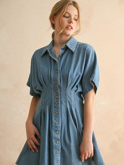 Chambray Denim Button Front w/ Pleat Detail