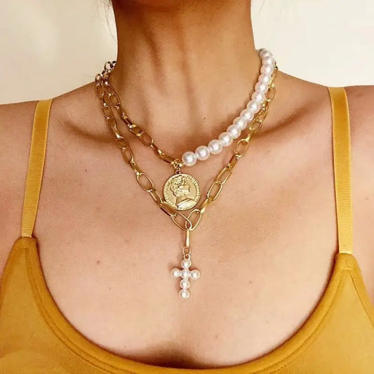 Multi Layer Mix Pearl Cross Coin Charm Necklace