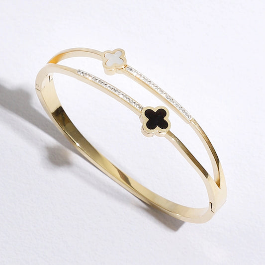Gold Plated Two Tone Clover Cz Bangle Bracelet
