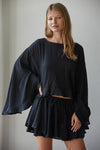Woven Rayon Nylon Round Neck Long Sleeve Top