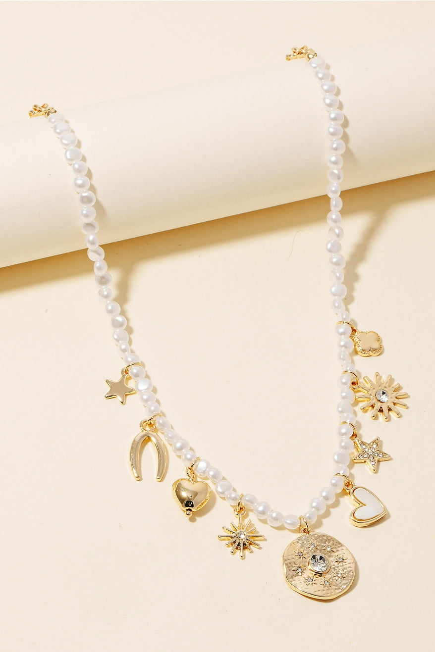 Assorted Charms Pearl Beaded Chain Necklace