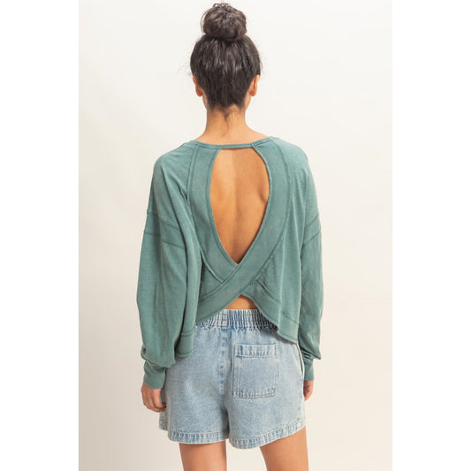 Cross Detail Open Back Long-Sleeve Top