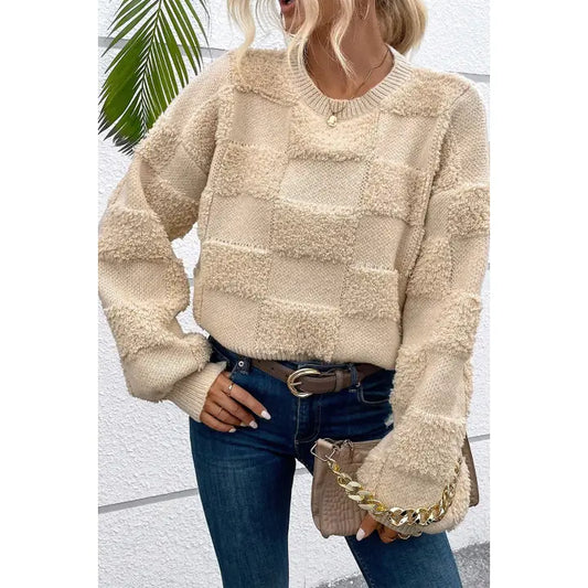 Checkered Sherpa Crew Neck Loose Sweater