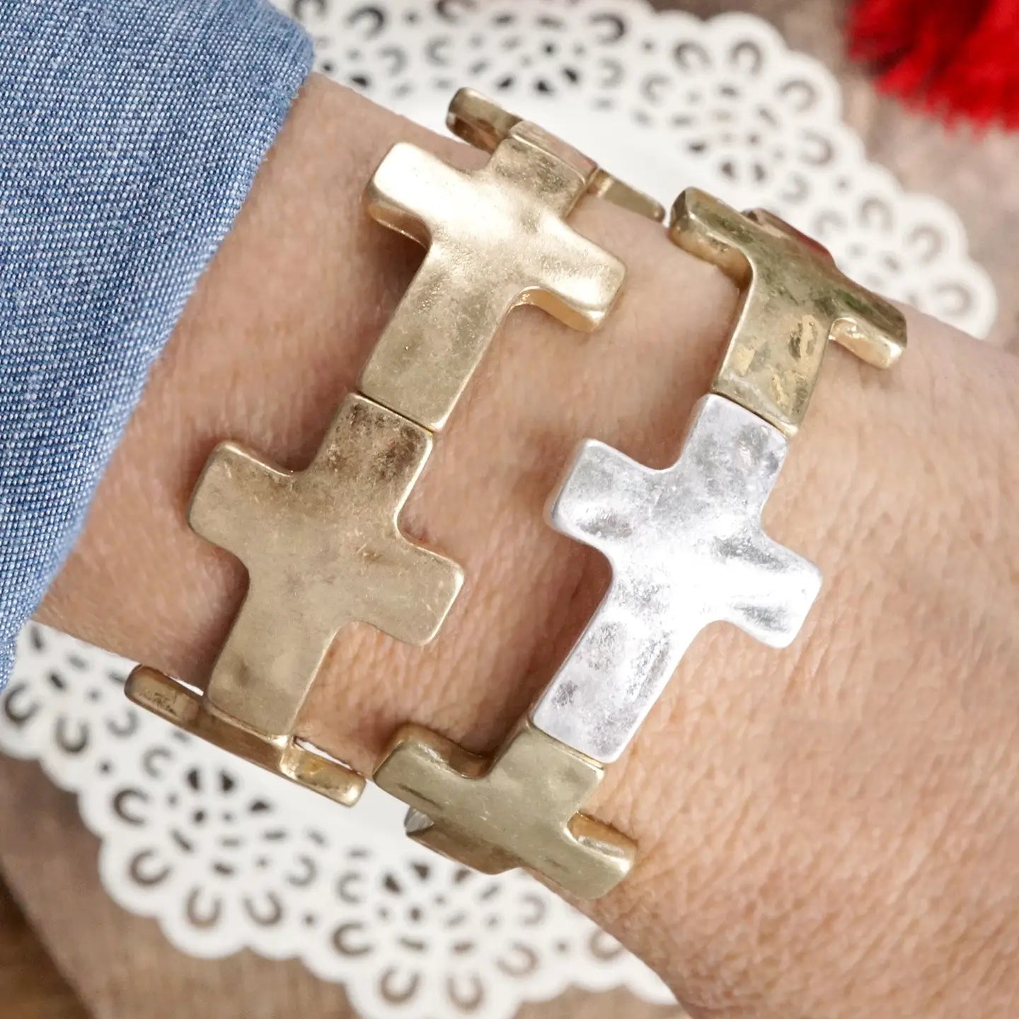 Hammered Sideways Cross Bracelet