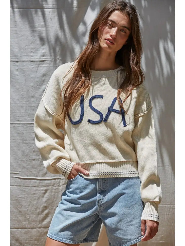 Knit Sweater Pullover Top with Embroidered "USA"