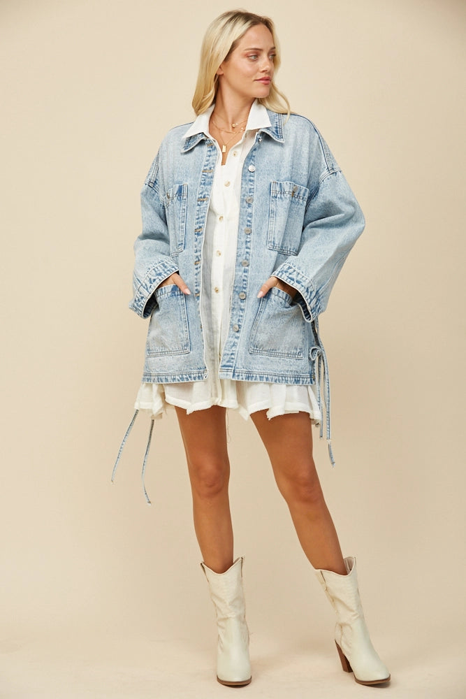 Boho Side Tie Detail Oversized Denim Jacket