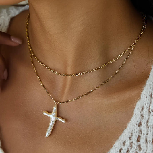 Aurise 18K Gold Non-Tarnish Freshwater Pearl Cross Necklace