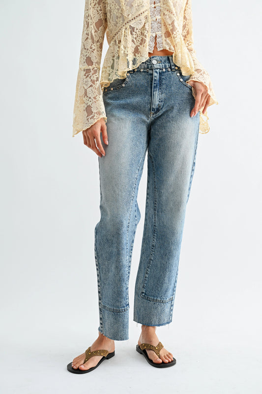 Studded High-Waist Straight-Leg Jeans