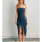 Dull Satin Strapless Lace Hem Midi Dress