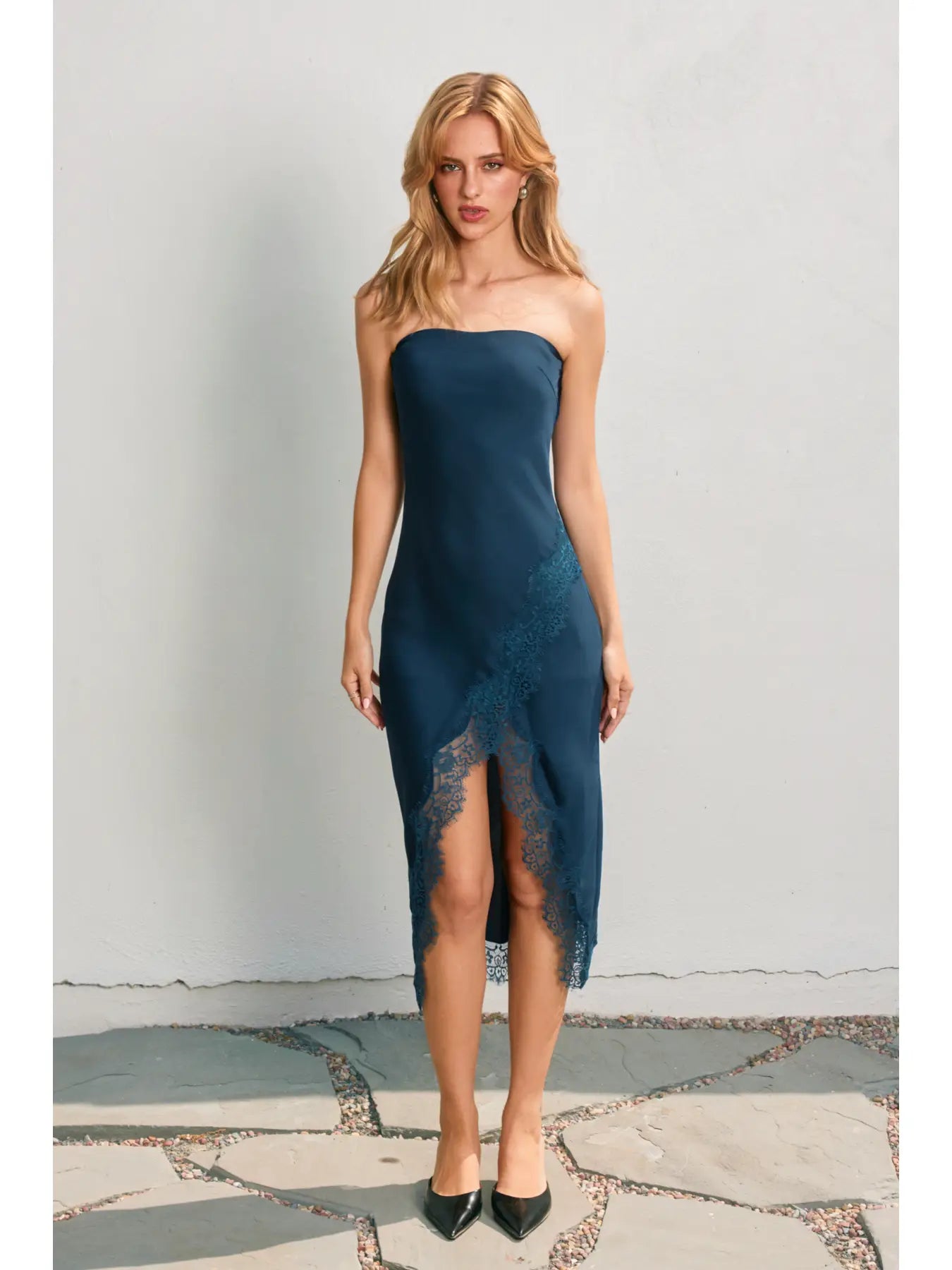 Dull Satin Strapless Lace Hem Midi Dress