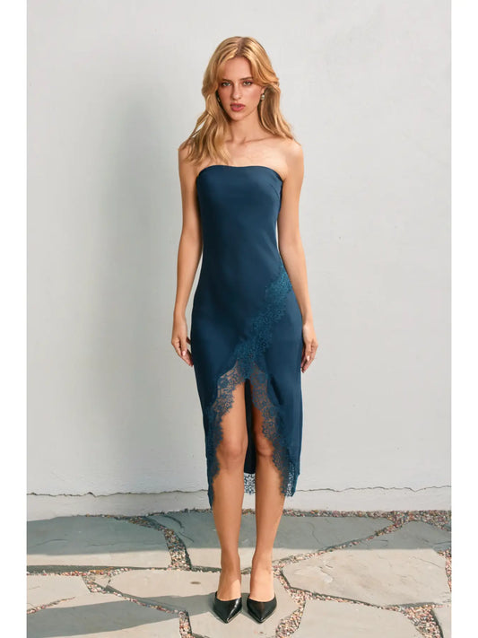 Dull Satin Strapless Lace Hem Midi Dress
