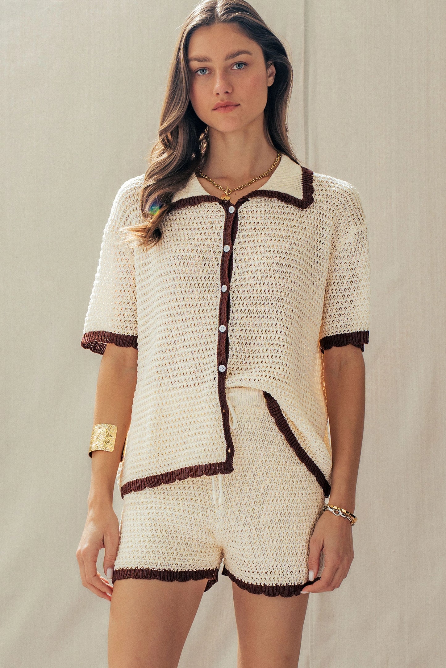 Contrast Trim Crochet Knit Two-Piece Set