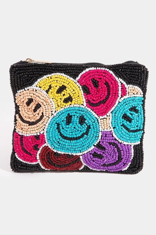 Colorful Cluster Smiley Faces Seed Beaded Coin Purse