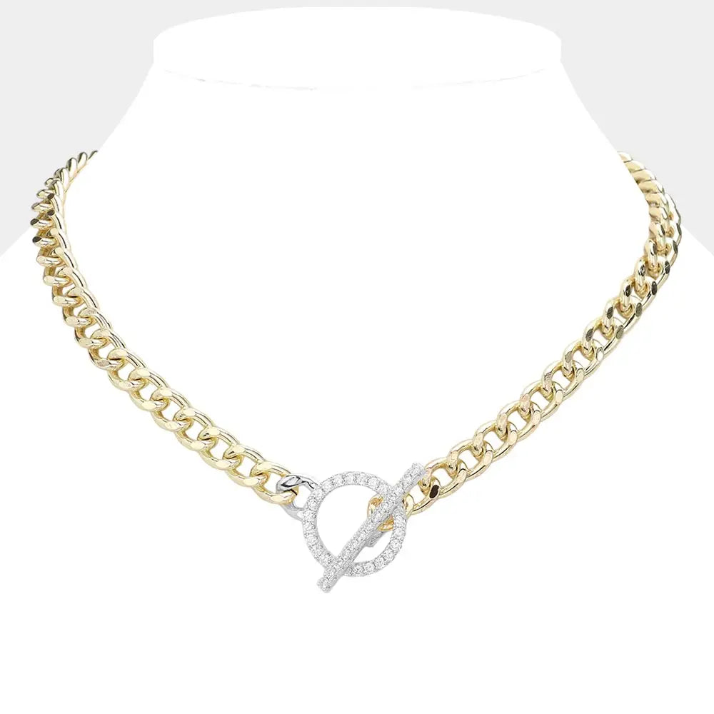 14K Gold Plated Cz Stone Paved Toggle Necklace