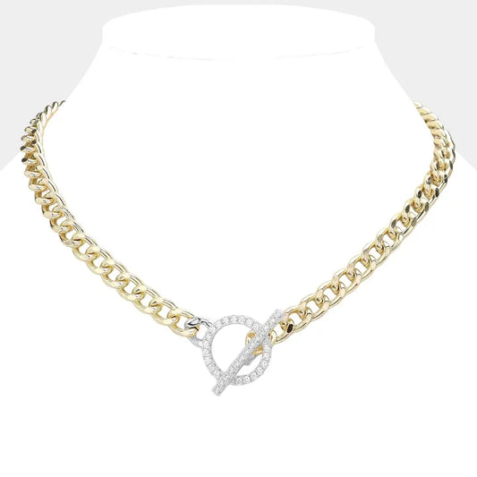 14K Gold Plated Cz Stone Paved Toggle Necklace