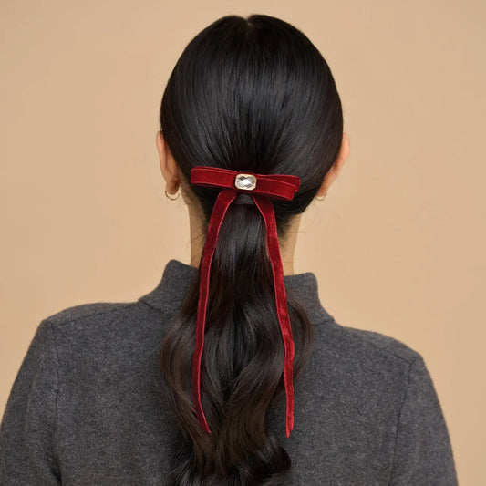 Holiday Velvet & Gemstone Bow Hair Clip