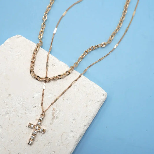 Double Layer Rhinestone Cross Necklace
