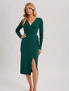 Ribbed Knit V-Neck Wrap Midi Dress