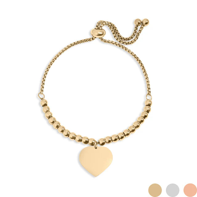18K Gold Stainless Steel Adjustable Engravable Heart Beaded Bracelet