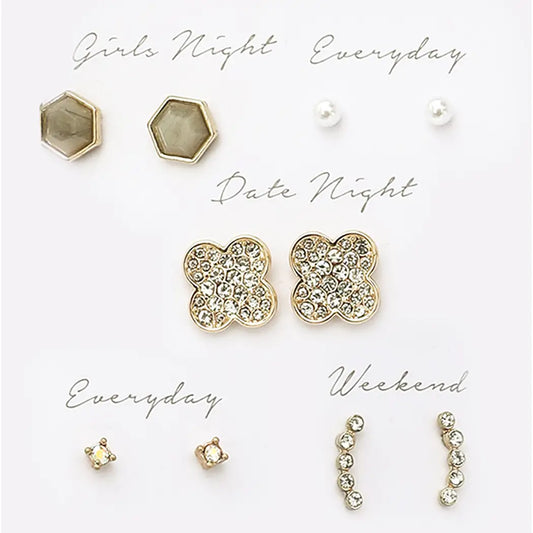5 Pairs Multi-Designed Stud Earrings Set Gift Box
