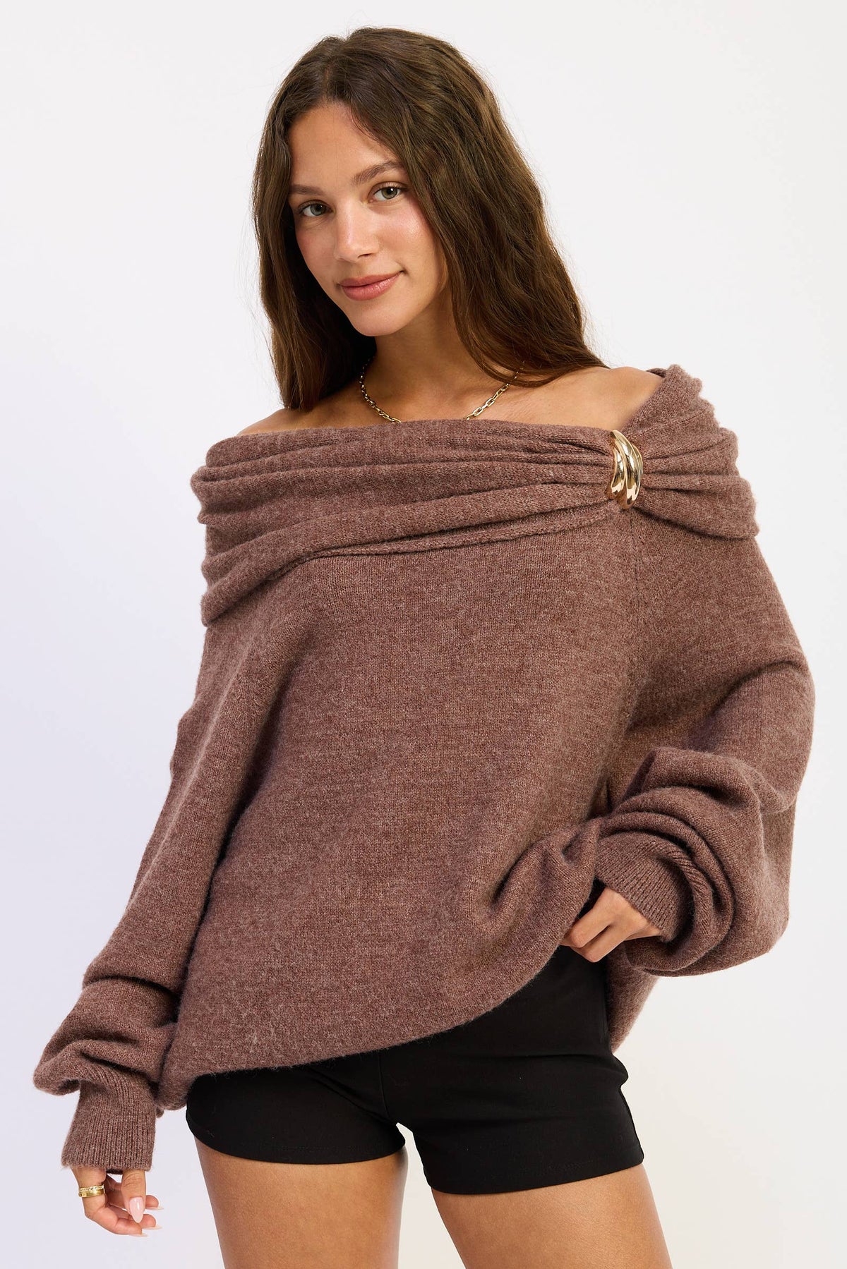 Off the Shoulder Bubble Sweater with Hardware Detail