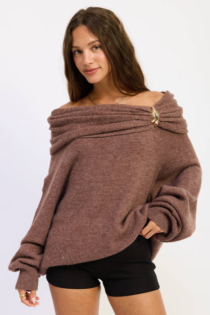 Off the Shoulder Bubble Sweater with Hardware Detail