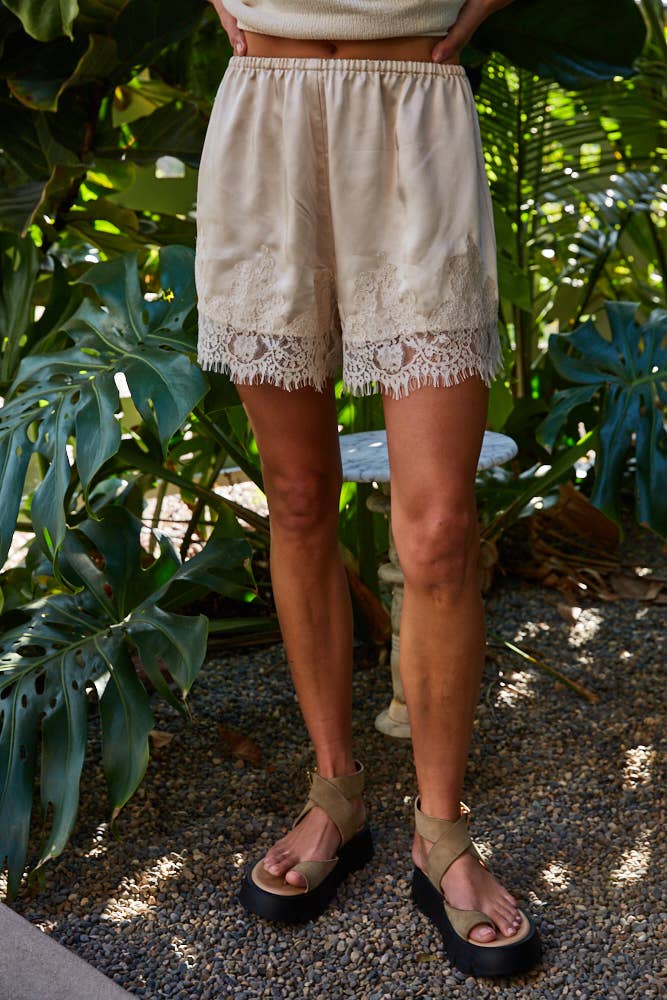 Woven Elastic Waist Shorts with Lace Detail
