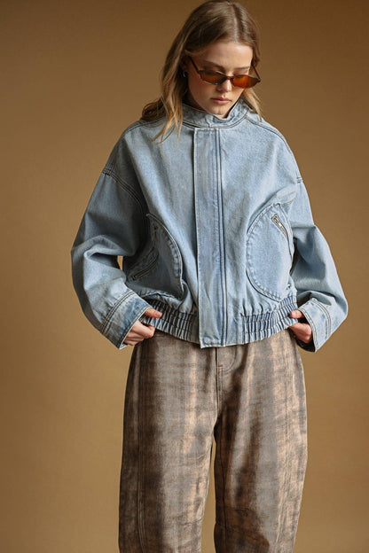 Washed Denim Bomber Style Jacket