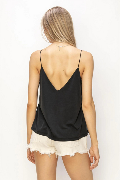 close up back view of the Romee v neck cami in the color black 