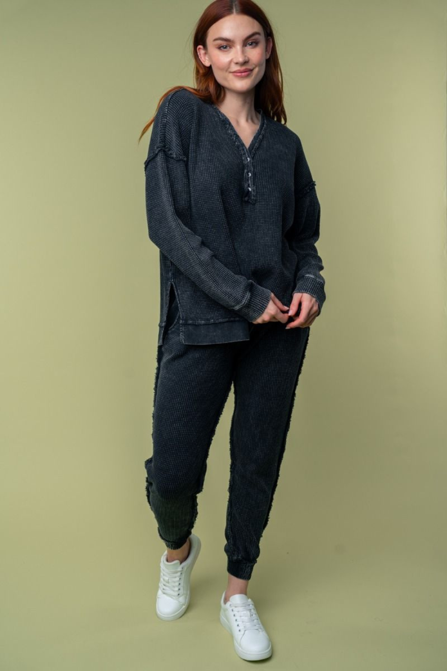 front full length view of hanny high waisted thermal knit joggers in black with matching top sold separately 