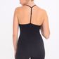 back view of the Justina spaghetti strap romper, showing off the t strap adjustable straps 
