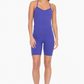 full front view of the Justina spaghetti strap romper in the color royal purple 