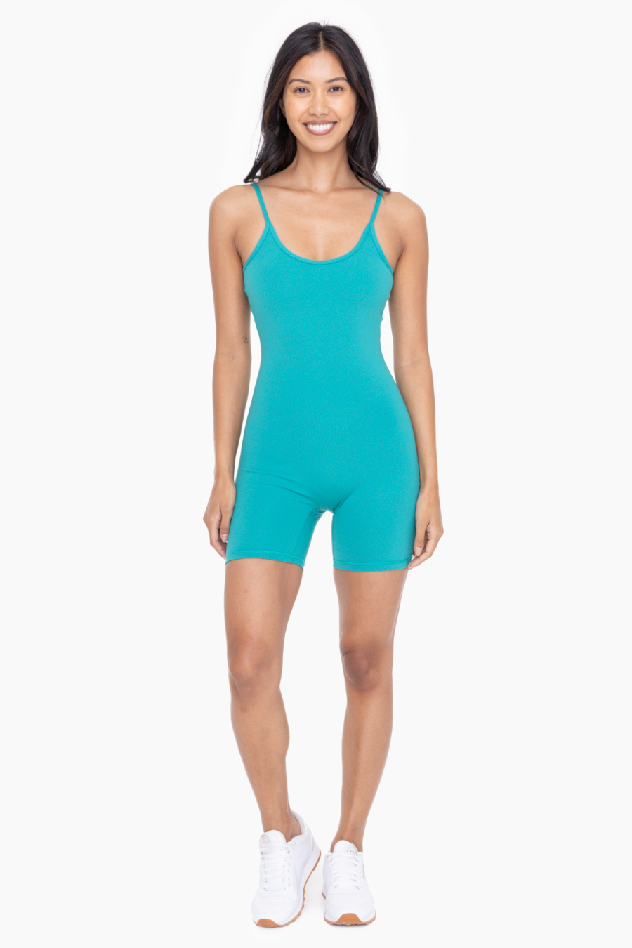 full length  front view of the active romper in the color teal 