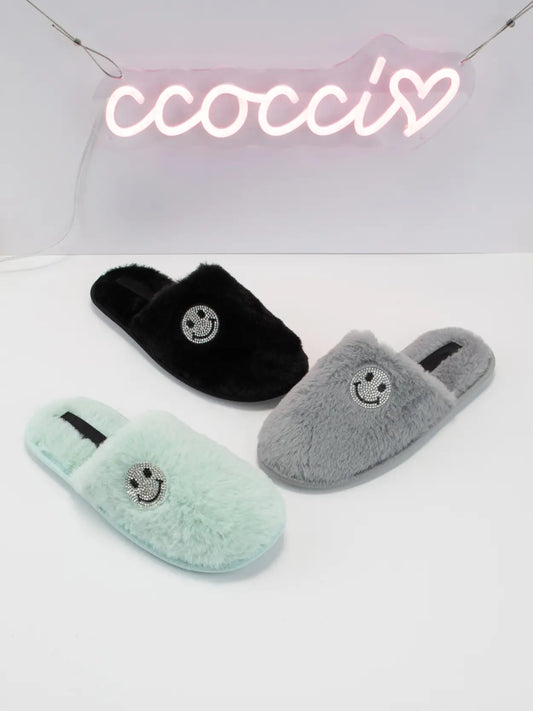 Rhinestone Smiley Emoji Fur Lined Slipper